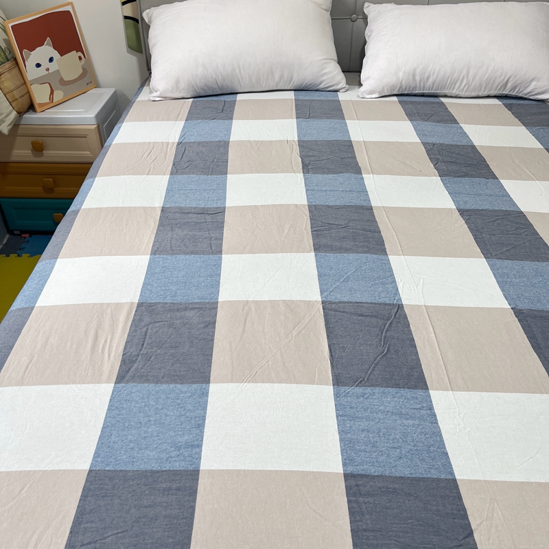 91家纺网 家纺一手货源 找家纺 恋人优选 2023新款纯棉色织床笠 蓝大格