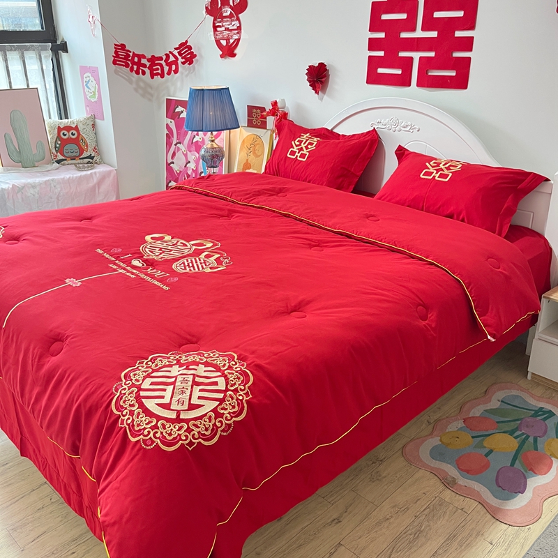 91家纺网 家纺一手货源 找家纺 玉雅2025新款婚庆棉花被刺绣大红结婚喜被被子被芯 棉花被-吾家双喜