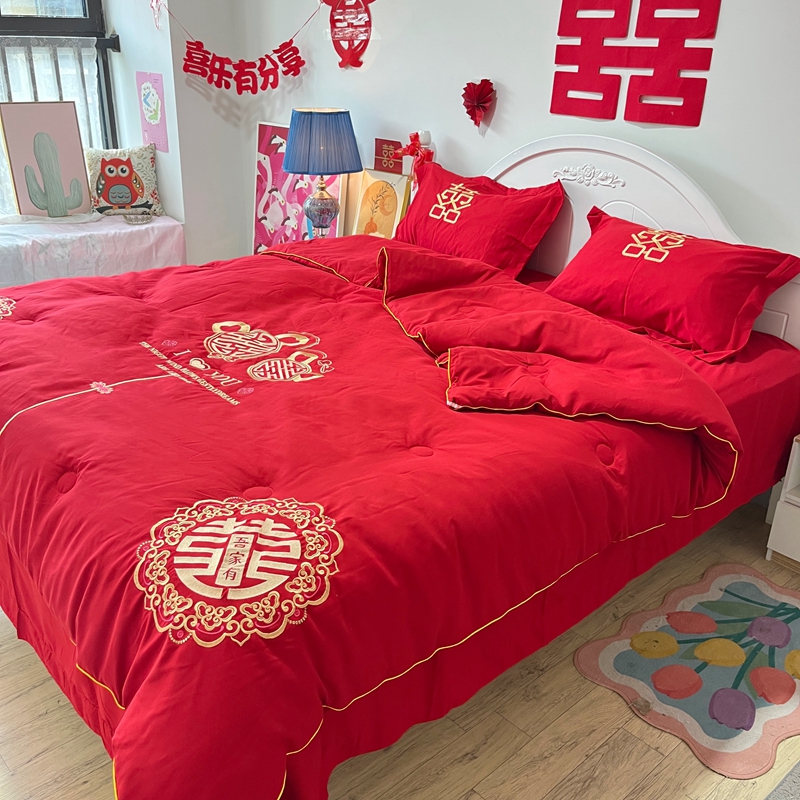 91家纺网 家纺一手货源 找家纺 玉雅2025新款婚庆棉花被刺绣大红结婚喜被被子被芯 棉花被-吾家双喜