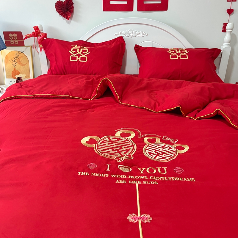 91家纺网 家纺一手货源 找家纺 玉雅2025新款婚庆棉花被刺绣大红结婚喜被被子被芯 棉花被-吾家双喜
