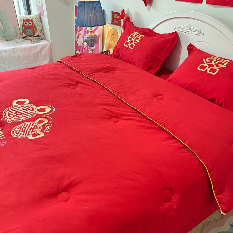 91家纺网 家纺一手货源 找家纺 玉雅2025新款婚庆棉花被刺绣大红结婚喜被被子被芯 棉花被-吾家双喜