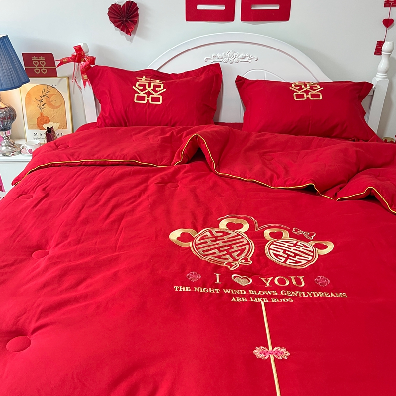 91家纺网 家纺一手货源 找家纺 玉雅2025新款婚庆棉花被刺绣大红结婚喜被被子被芯 棉花被-吾家双喜