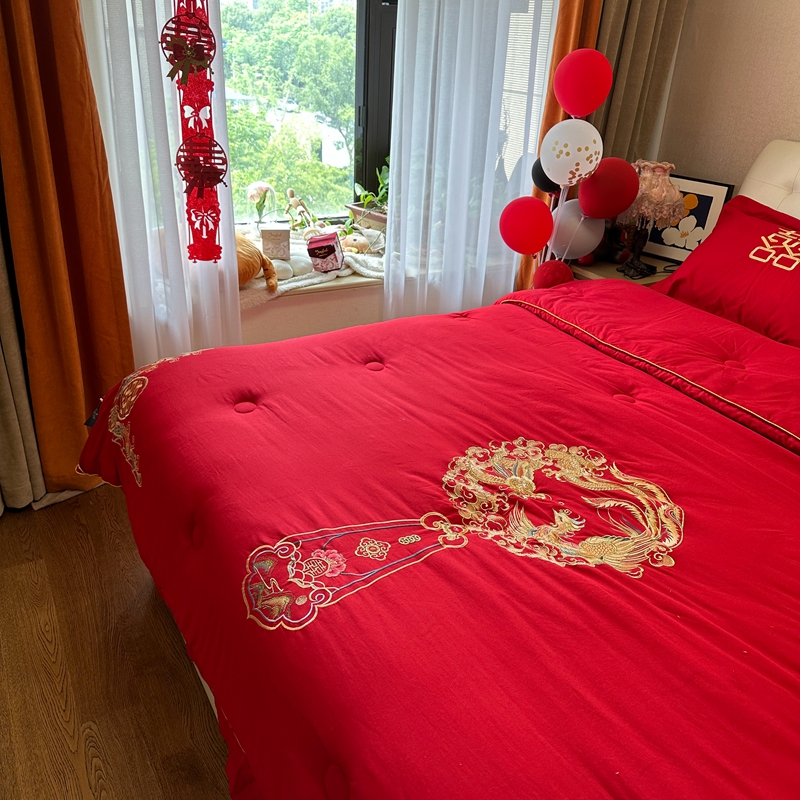 91家纺网 家纺一手货源 找家纺 2025新款婚庆棉花被刺绣大红结婚喜被被子被芯 棉花被-龙凤团圆