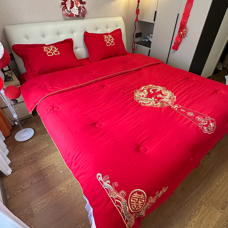 91家纺网 家纺一手货源 找家纺 2025新款婚庆棉花被刺绣大红结婚喜被被子被芯 棉花被-龙凤团圆