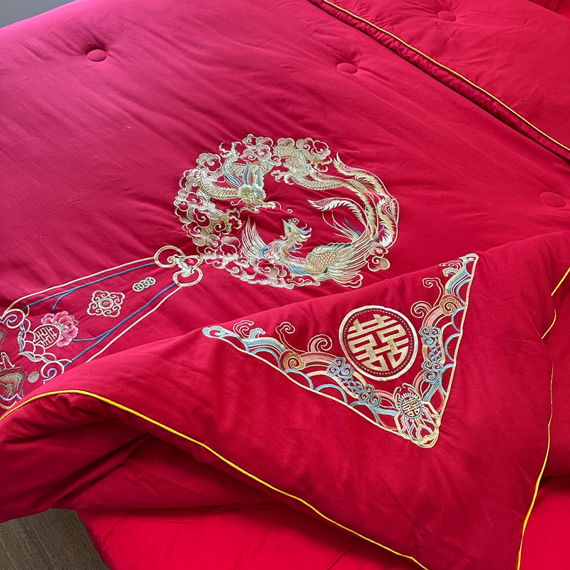 91家纺网 家纺一手货源 找家纺 2025新款婚庆棉花被刺绣大红结婚喜被被子被芯 棉花被-龙凤团圆