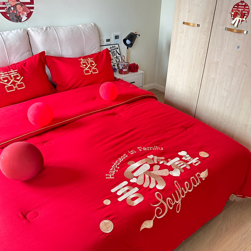 91家纺网 家纺一手货源 找家纺 玉雅2025新款婚庆棉花被刺绣大红结婚喜被被子被芯 棉花被-吾家今有喜