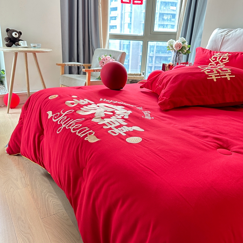 91家纺网 家纺一手货源 找家纺 玉雅2025新款婚庆棉花被刺绣大红结婚喜被被子被芯 棉花被-吾家今有喜