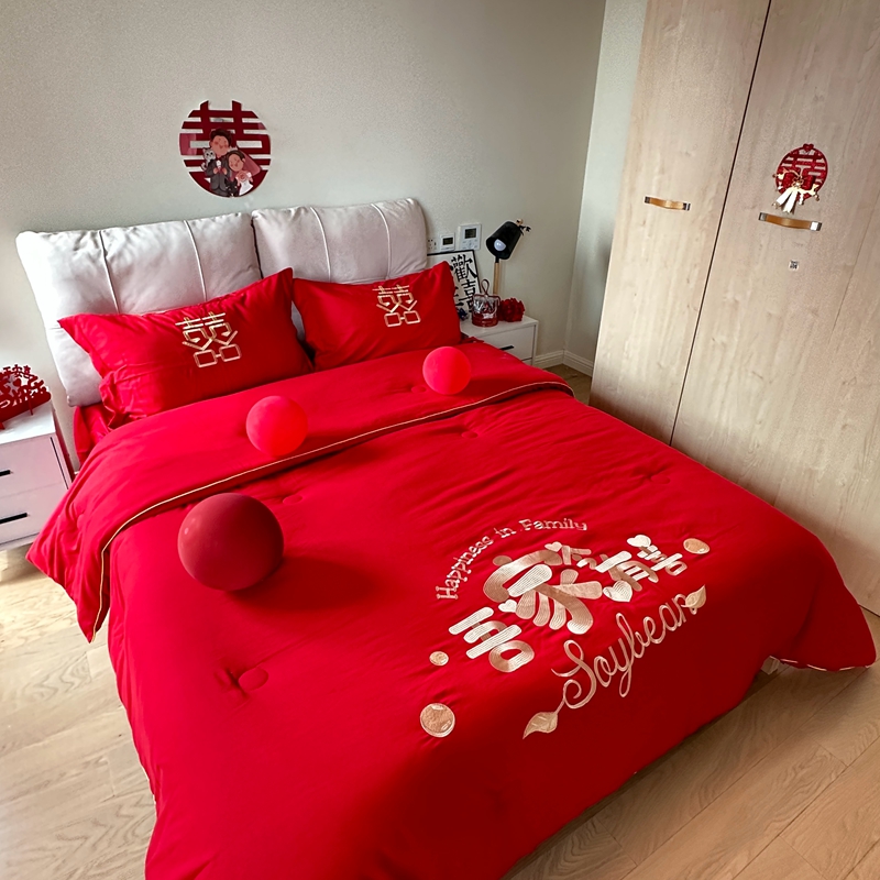 91家纺网 家纺一手货源 找家纺 玉雅2025新款婚庆棉花被刺绣大红结婚喜被被子被芯 棉花被-吾家今有喜