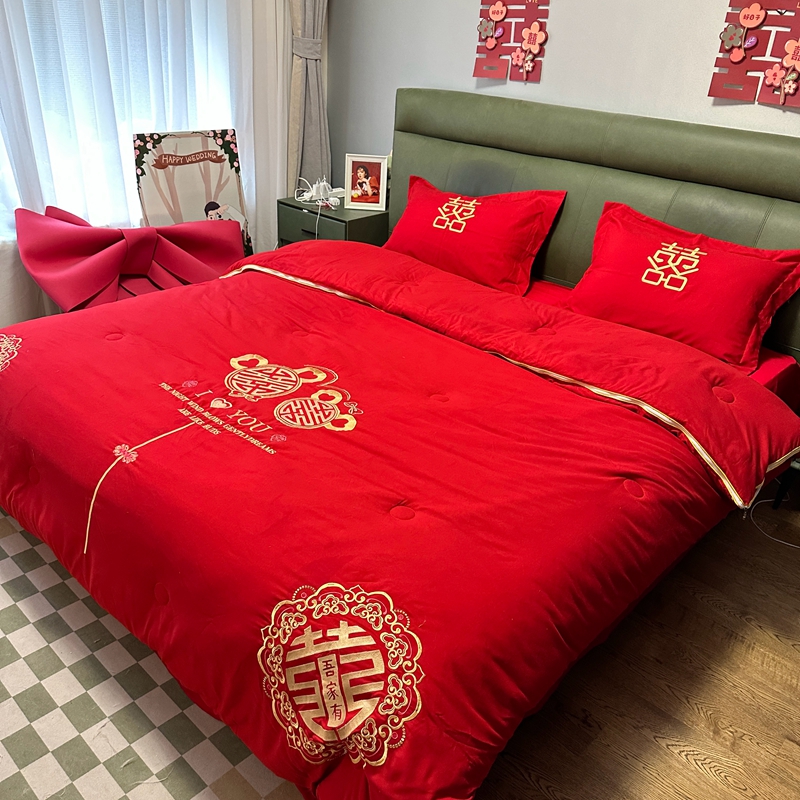 91家纺网 家纺一手货源 找家纺 2025婚庆棉花被刺绣大红结婚喜被被子被芯棉花子母被吾家双喜（红+红）
