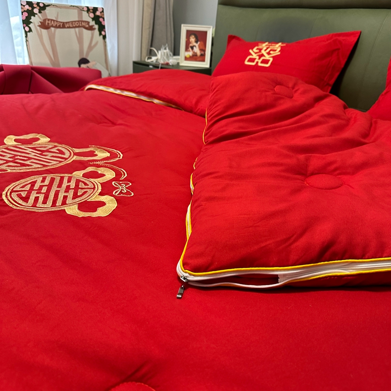 91家纺网 家纺一手货源 找家纺 2025婚庆棉花被刺绣大红结婚喜被被子被芯棉花子母被吾家双喜（红+红）