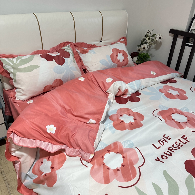 91家纺网 家纺一手货源 找家纺 秋艳 新款直播电商爆款韩版公主风加厚磨毛植物羊绒床裙四件套 桃花印记