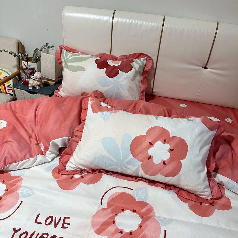 91家纺网 家纺一手货源 找家纺 秋艳 新款直播电商爆款韩版公主风加厚磨毛植物羊绒床裙四件套 桃花印记