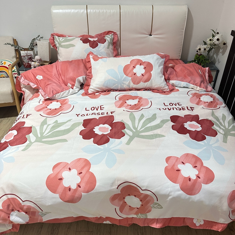 91家纺网 家纺一手货源 找家纺 秋艳 新款直播电商爆款韩版公主风加厚磨毛植物羊绒床裙四件套 桃花印记