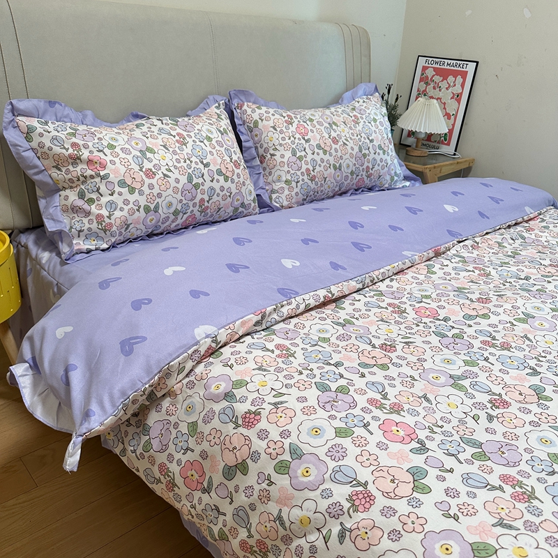 91家纺网 家纺一手货源 找家纺 秋艳 新款直播电商爆款韩版公主风加厚磨毛植物羊绒床裙四件套 遇见浪漫