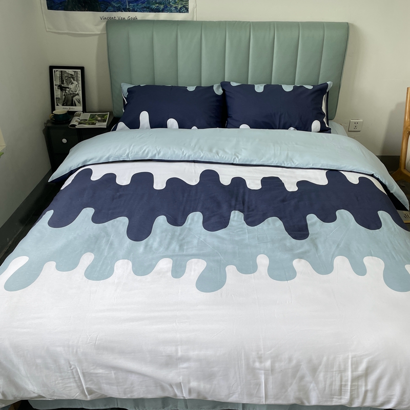 91家纺网 家纺一手货源 找家纺 金鑫汇2022新款喷气全棉水洗棉加厚四件套奶油-蓝