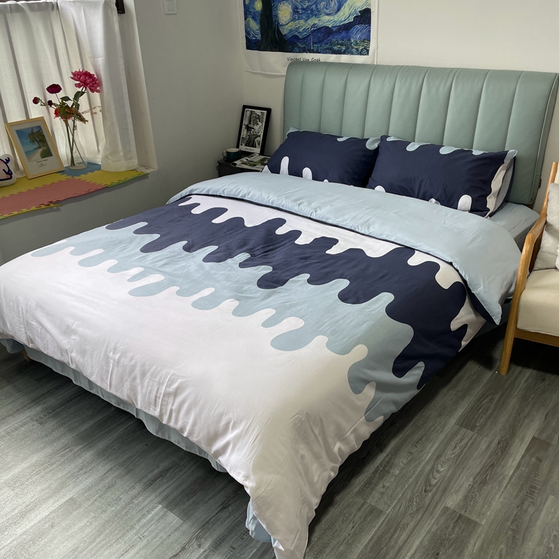 91家纺网 家纺一手货源 找家纺 金鑫汇2022新款喷气全棉水洗棉加厚四件套奶油-蓝