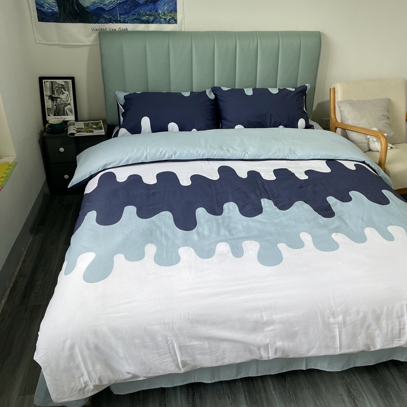 91家纺网 家纺一手货源 找家纺 金鑫汇2022新款喷气全棉水洗棉加厚四件套奶油-蓝