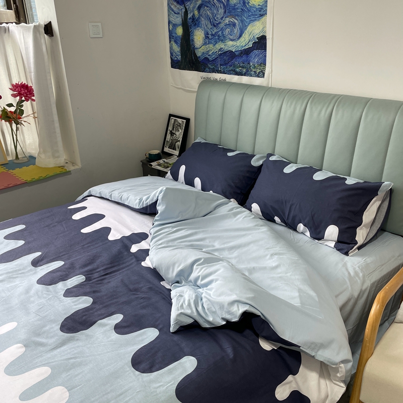 91家纺网 家纺一手货源 找家纺 金鑫汇2022新款喷气全棉水洗棉加厚四件套奶油-蓝