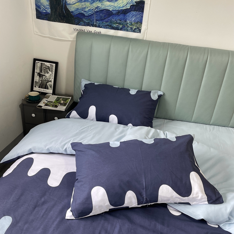 91家纺网 家纺一手货源 找家纺 金鑫汇2022新款喷气全棉水洗棉加厚四件套奶油-蓝