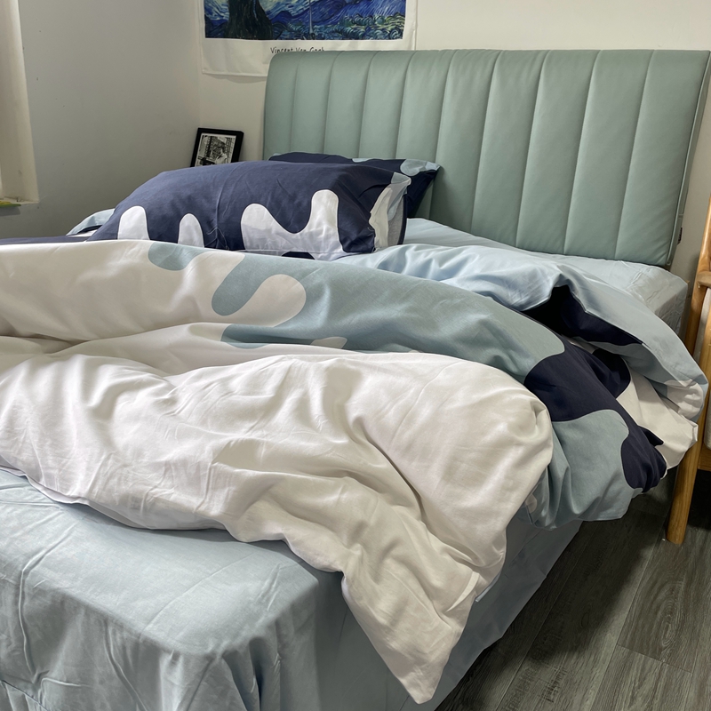 91家纺网 家纺一手货源 找家纺 金鑫汇2022新款喷气全棉水洗棉加厚四件套奶油-蓝