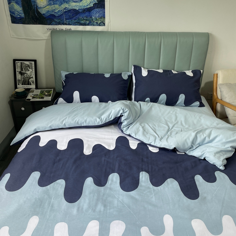 91家纺网 家纺一手货源 找家纺 金鑫汇2022新款喷气全棉水洗棉加厚四件套奶油-蓝