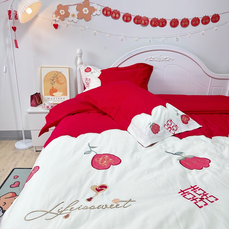 91家纺网 家纺一手货源 找家纺 玉雅家纺 2025新款亲肤刺绣婚庆四件套 喜盈盈