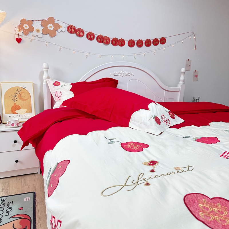 91家纺网 家纺一手货源 找家纺 玉雅家纺 2025新款亲肤刺绣婚庆四件套 喜盈盈