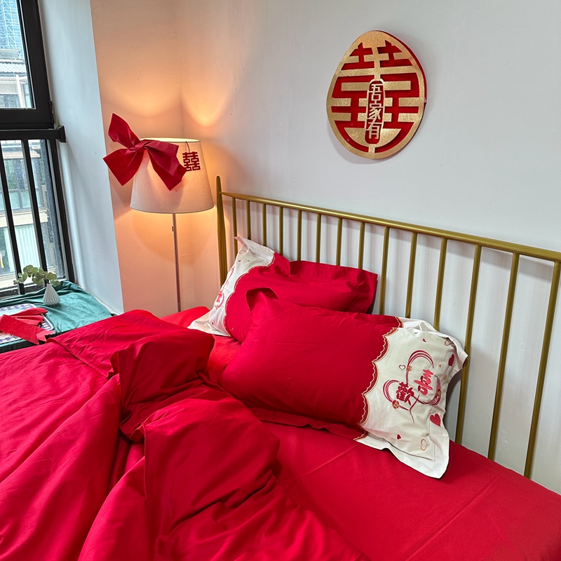 91家纺网 家纺一手货源 找家纺 玉雅家纺 2025新款亲肤刺绣婚庆四件套 欢喜