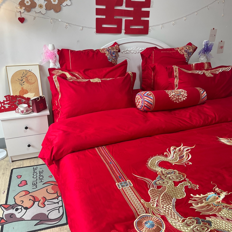 91家纺网 家纺一手货源 找家纺 总玉雅家纺 2025新款120支长绒棉提花刺绣婚庆四件套结婚大红多件套