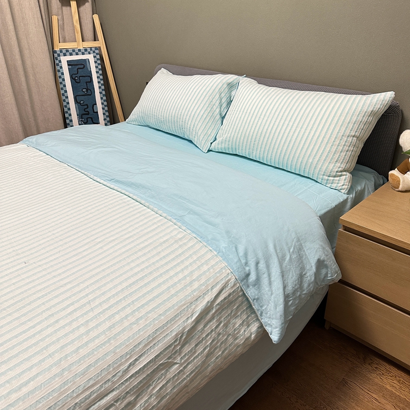 91家纺网 家纺一手货源 找家纺 安莱 2023新款爆款水洗棉提花锦瑟基础款四件套 锦瑟基础款-天蓝