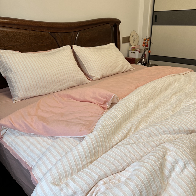 91家纺网 家纺一手货源 找家纺 安莱 2023新款爆款水洗棉提花锦瑟基础款四件套 锦瑟基础款-嫩粉