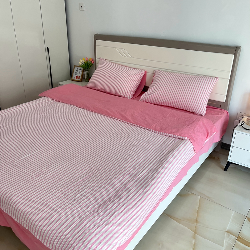 91家纺网 家纺一手货源 找家纺 安莱 2023新款爆款水洗棉提花锦瑟基础款四件套 锦瑟基础款-桃粉