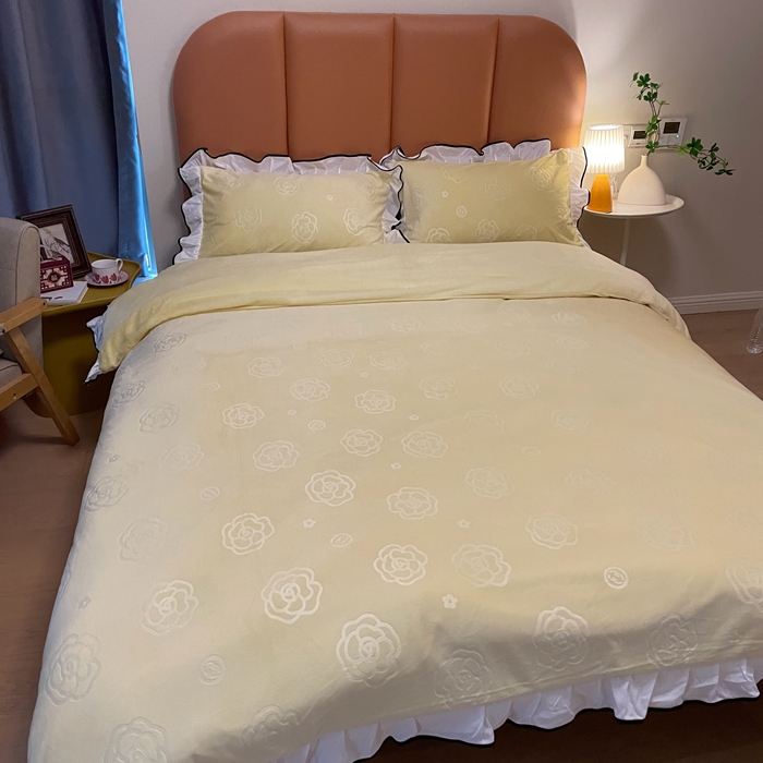 91家纺网 家纺一手货源 找家纺 逸尚阁 2023新款加厚牛奶绒床裙款四件套-香语 香语-奶油黄