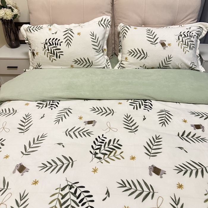 91家纺网 家纺一手货源 找家纺 川悦生活 2023新款加厚牛奶绒四件套 森系小植