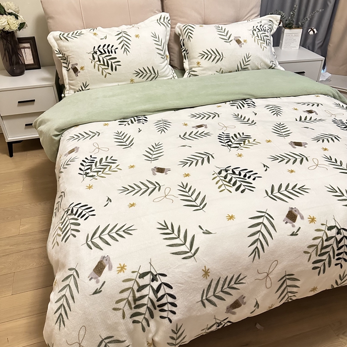 91家纺网 家纺一手货源 找家纺 川悦生活 2023新款加厚牛奶绒四件套 森系小植