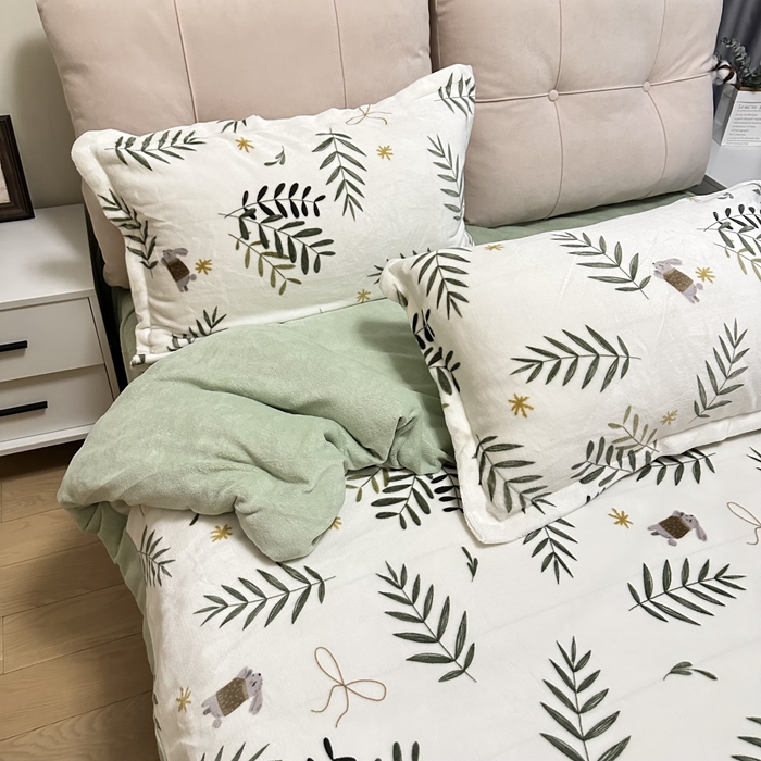 91家纺网 家纺一手货源 找家纺 川悦生活 2023新款加厚牛奶绒四件套 森系小植