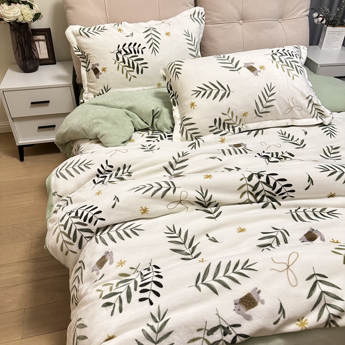 91家纺网 家纺一手货源 找家纺 川悦生活 2023新款加厚牛奶绒四件套 森系小植