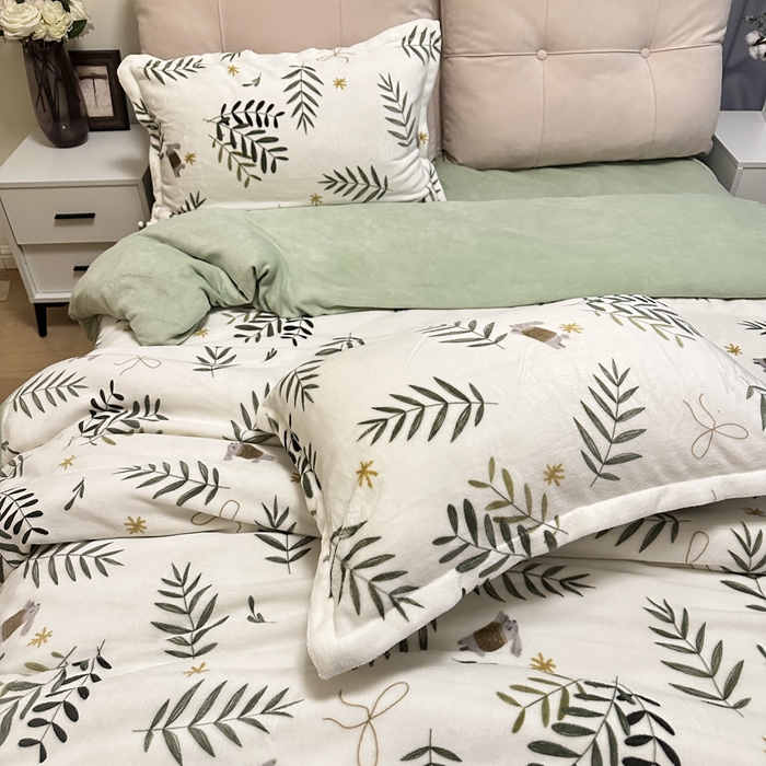 91家纺网 家纺一手货源 找家纺 川悦生活 2023新款加厚牛奶绒四件套 森系小植