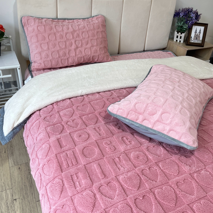 91家纺网 家纺一手货源 找家纺 法澳 2023新款230克塔芙绒被套+牛奶绒夹棉床笠款四件套 藕粉