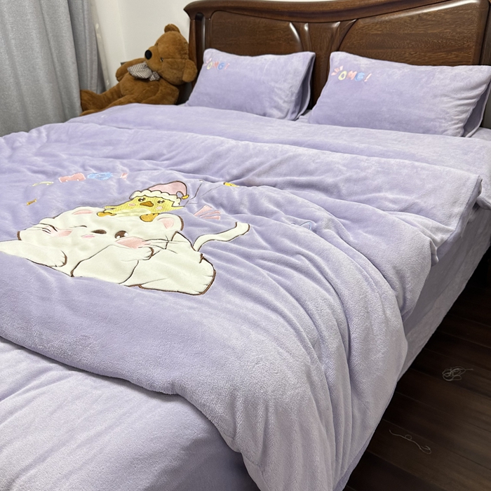 91家纺网 家纺一手货源 找家纺 米瑞娜 2024新款贴布绣牛奶绒四件套 好伙伴-紫