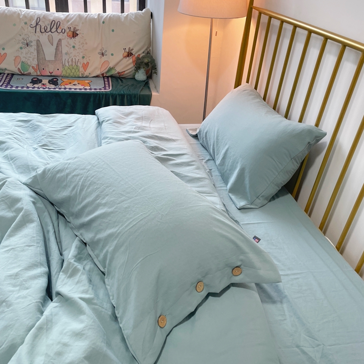 91家纺网 家纺一手货源 找家纺 纽扣款INS无印风四件套小竺棉日式云柔水洗棉轻奢高级床单款无印风纽扣款
