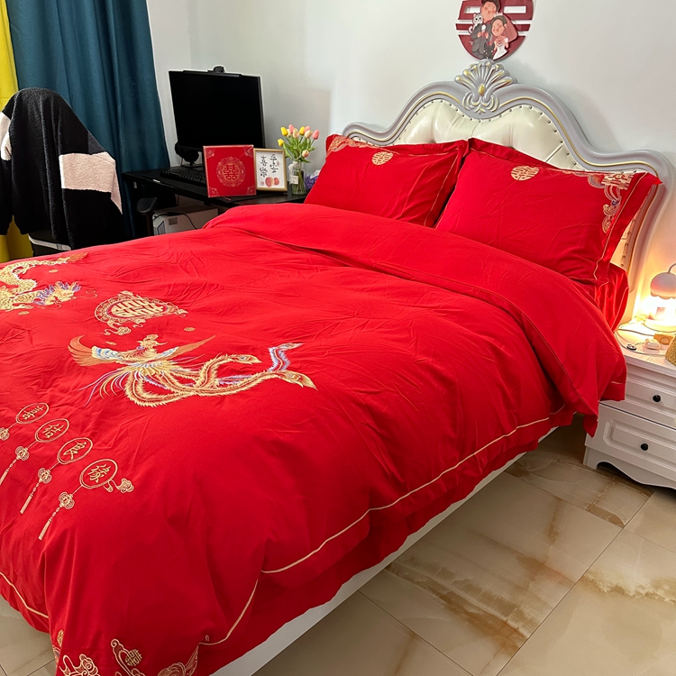 91家纺网 家纺一手货源 找家纺 金麦家纺 2023新款亲肤舒适刺绣婚庆四件套系列 喜结良缘