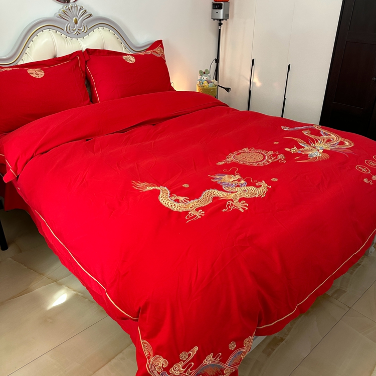 91家纺网 家纺一手货源 找家纺 金麦家纺 2023新款亲肤舒适刺绣婚庆四件套系列 喜结良缘