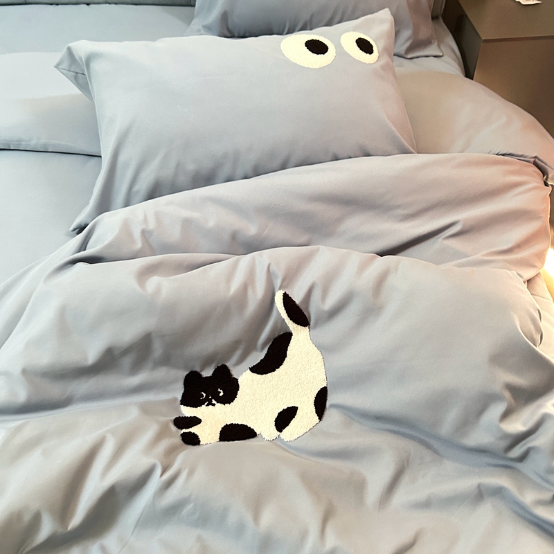 91家纺网 家纺一手货源 找家纺 N先生 2024新款美拉德多巴胺毛巾绣四件套-猫咪系列 猫咪-原力蓝