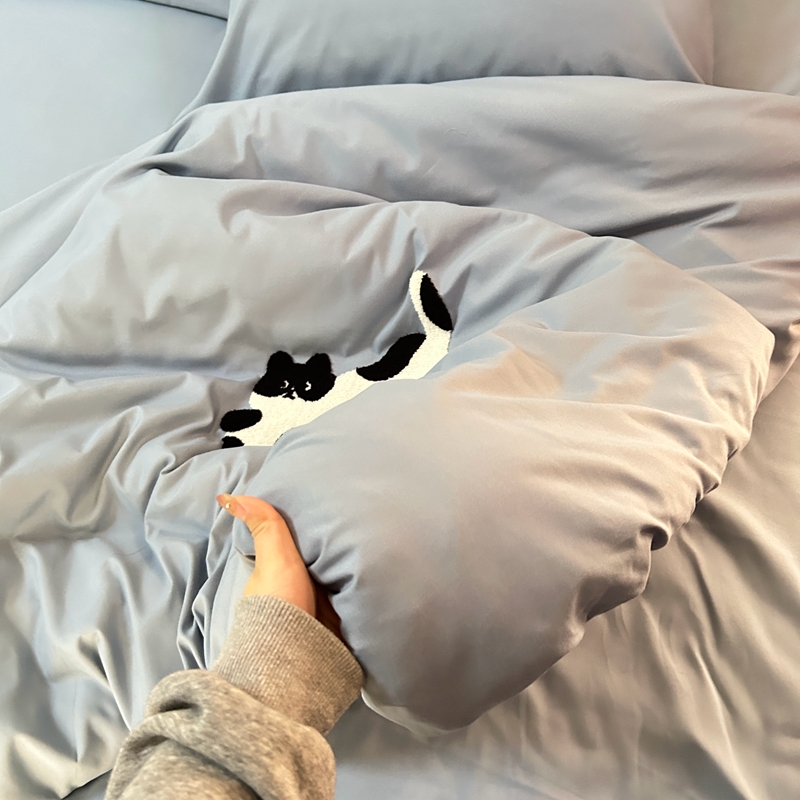 91家纺网 家纺一手货源 找家纺 N先生 2024新款美拉德多巴胺毛巾绣四件套-猫咪系列 猫咪-原力蓝