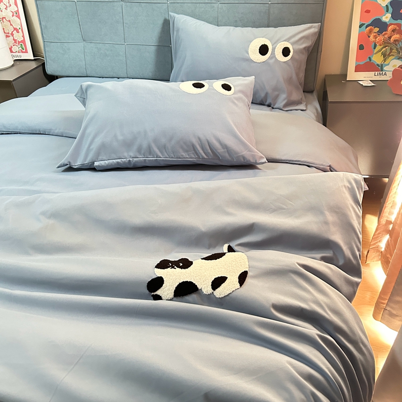 91家纺网 家纺一手货源 找家纺 N先生 2024新款美拉德多巴胺毛巾绣四件套-猫咪系列 猫咪-原力蓝