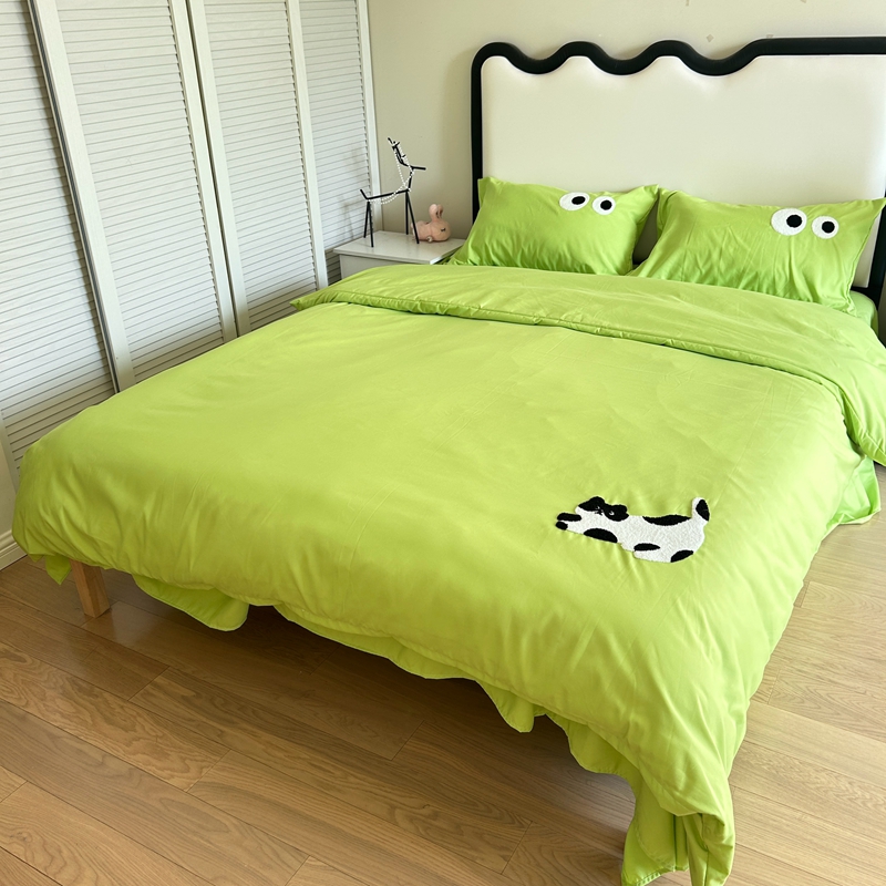 91家纺网 家纺一手货源 找家纺 N先生 2024新款美拉德多巴胺毛巾绣四件套-猫咪系列 猫咪-赛博青柠