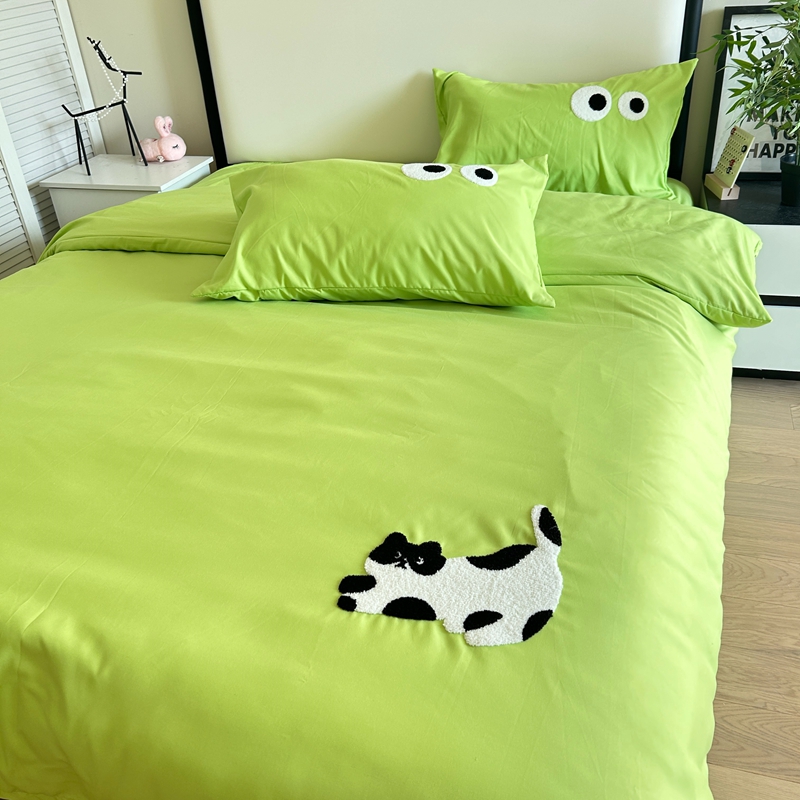 91家纺网 家纺一手货源 找家纺 N先生 2024新款美拉德多巴胺毛巾绣四件套-猫咪系列 猫咪-赛博青柠