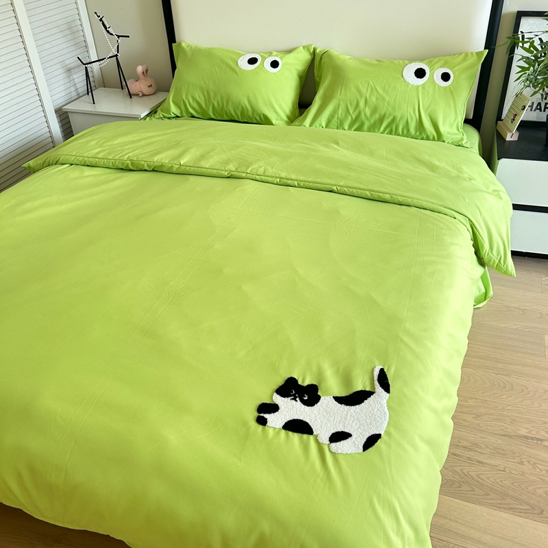 91家纺网 家纺一手货源 找家纺 N先生 2024新款美拉德多巴胺毛巾绣四件套-猫咪系列 猫咪-赛博青柠