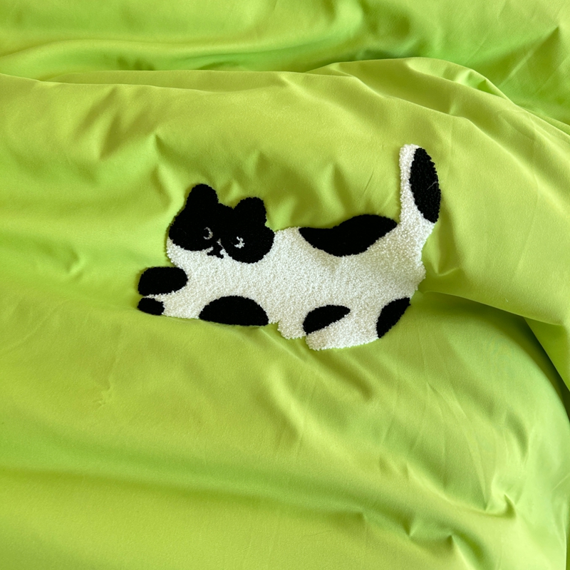 91家纺网 家纺一手货源 找家纺 N先生 2024新款美拉德多巴胺毛巾绣四件套-猫咪系列 猫咪-赛博青柠